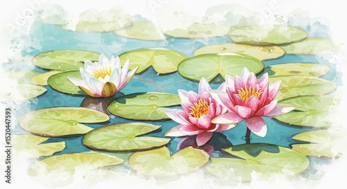 池に浮かぶ睡蓮の水彩画イラスト