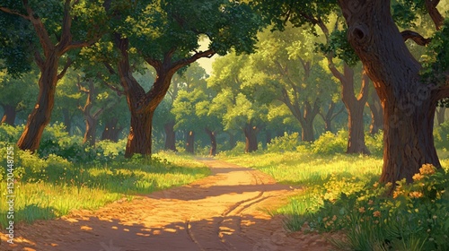 Wallpaper Mural Sunlit path through lush green forest with large trees and wildflowers. Torontodigital.ca