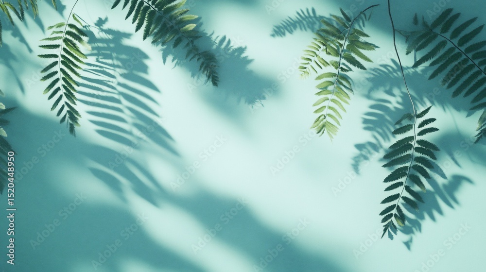Obraz premium Sunlight casts shadows of green leaves on a teal background.