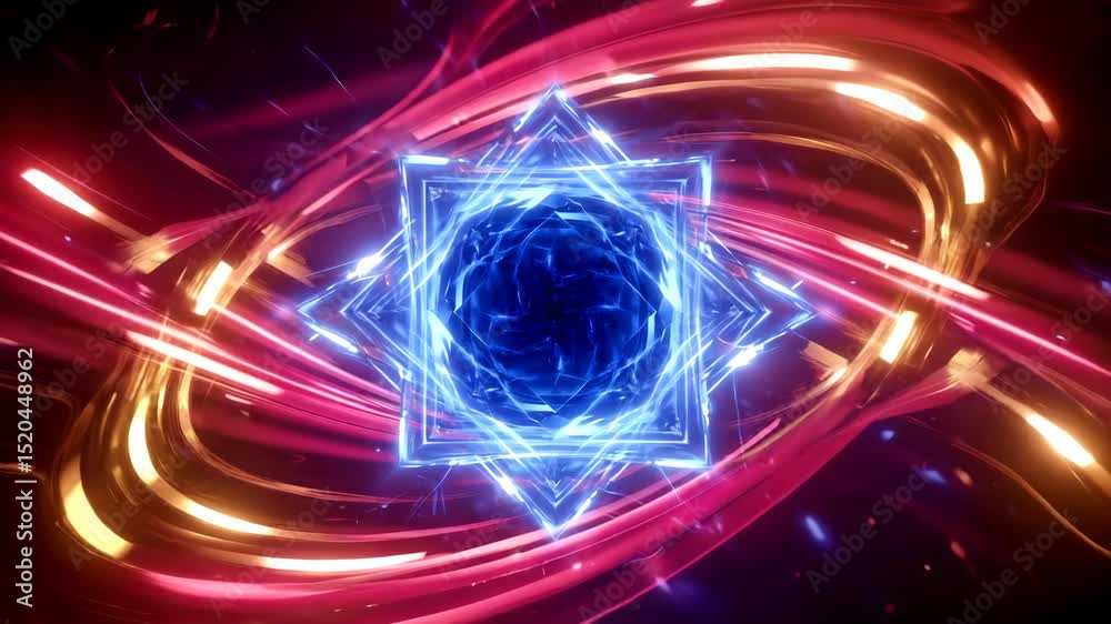 Futuristic glowing blue geometric pattern with swirling purple and orange energy