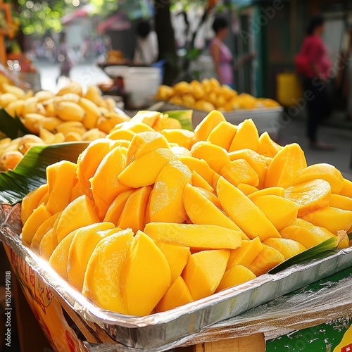 A colorful array of sliced and whole mangoes showcasing the abundance and diversity of this tropical fruit at a bustling outdoor marketplace