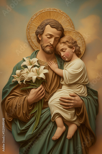 Saint joseph holding baby jesus and white lilies, bas-relief sculpture