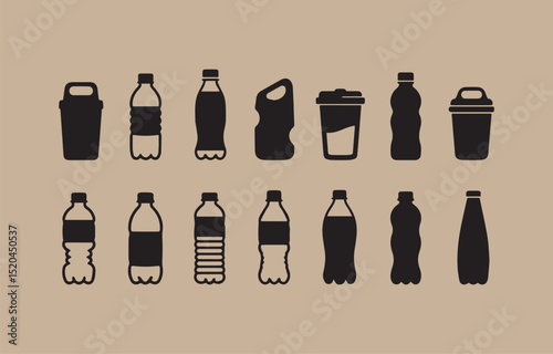 Collection of Various Plastic Bottle and Container Icons set black silhouettes different plastic bottles container suitable
