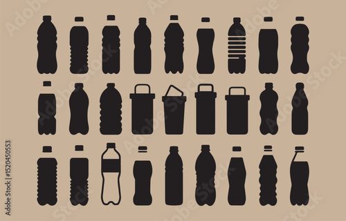 Silhouette Collection of Plastic Bottles and Containers for Recycling and Environmental Awareness Campaigns This image displays