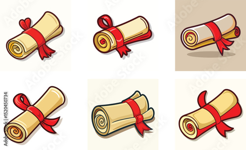Cartoon Diploma Scrolls with Red Ribbons Vector Certificate Illustrations