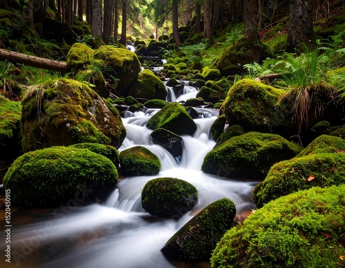 Forest stream cascading over mossy rocks
