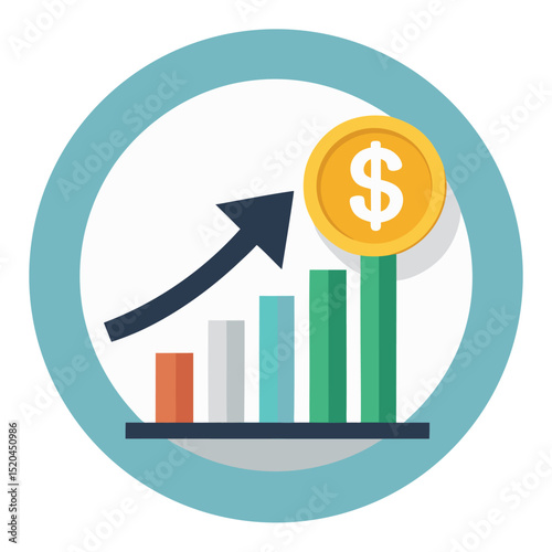 An icon depicting business growth, featuring a bar chart with an upward arrow and a dollar coin on the tallest bar, all enclosed within a blue circle.