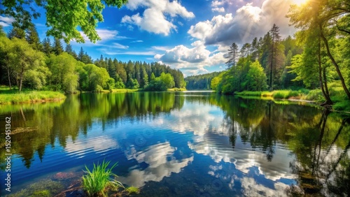 Forest Lake on a Sunny Summer Day, aquatic life, sunny day,  aquatic life, sunny day, green trees