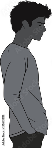 Side profile of a young Asian male in a casual sweater, looking contemplative.