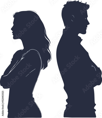 Silhouettes of a man and woman standing back to back, embodying tension and conflict.