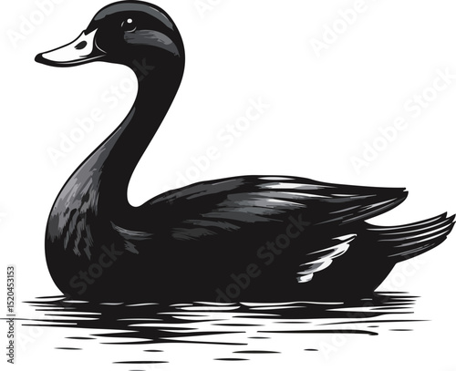 Elegant black duck swimming on calm water, showcasing its sleek silhouette.