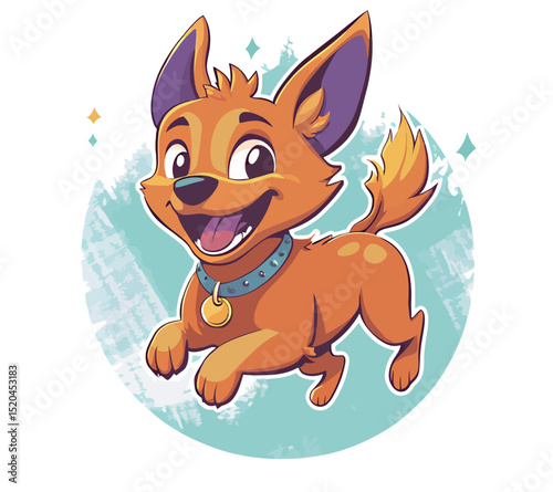 Cheerful cartoon orange dog with a blue collar happily jumping in a playful manner.