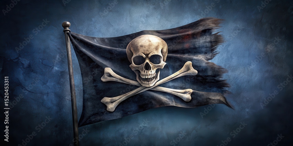 Obraz premium A pirate flag with a skull and crossbones emblem on a dark blue background, ocean, danger, ocean, danger,Skull and crossbones
