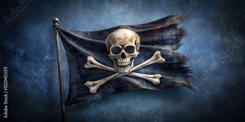 A pirate flag with a skull and crossbones emblem on a dark blue background, ocean, danger,  ocean, danger,Skull and crossbones