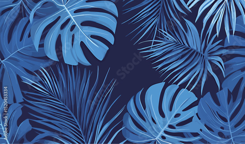 Blue tropical leaves on a dark background create a serene atmosphere.
