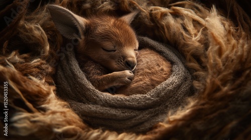 Adorable sleeping joey nestled in soft fur, paws tucked in, eyes closed.
