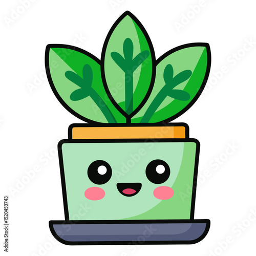 A charming cartoon houseplant in a pot with a happy, smiling face and rosy cheeks, in a kawaii style.