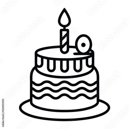 Line art icon of birthday cake with candle isolated on white background