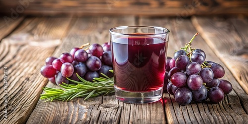 Fresh glass of purple grape juice on a wooden table, with a few grapes and a sprig of rosemary in the background