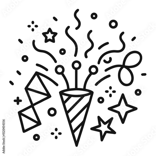 Line art icon of confetti and streamers isolated on white background
