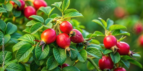 rose hips flowers in the dense green foliage of the bush close-up, foliage, rose hips