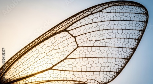A close-up, backlit shot of an insect wing revealing its intricate vein patterns against a bright sky, with a sun flare on the left. photo