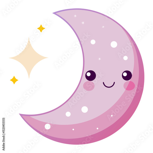 A whimsical cartoon illustration features a smiling, light purple crescent moon with rosy cheeks and white polka dots, accompanied by two yellow sparkling stars, all against a white background, evokin