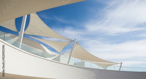 A modern architectural structure featuring white tensile fabric canopies providing shade against a bright blue sky with wispy clouds.