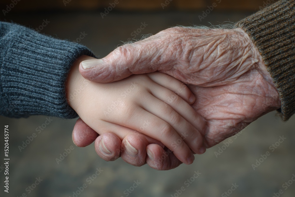 Fototapeta premium A close-up image showing an elderly hand gently holding a child's hand, symbolizing connection, care, and generational bond. The contrast between the wrinkled skin and the smooth young hand.