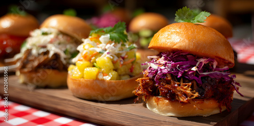 Assortment Of Gourmet Sliders With Pulled Pork Coleslaw And Mango Salsa On Wooden Board