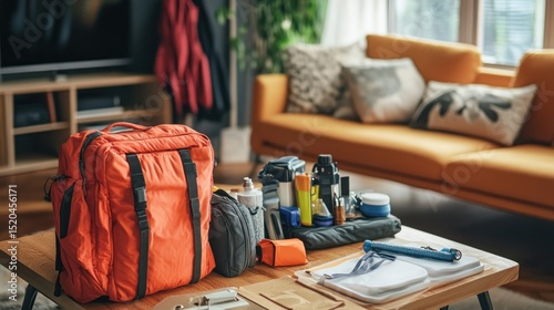 Emergency backpack equipment organized on the table in the living room
