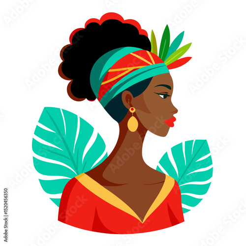 African Woman Profile in Colorful Headwrap with Tropical Leaves