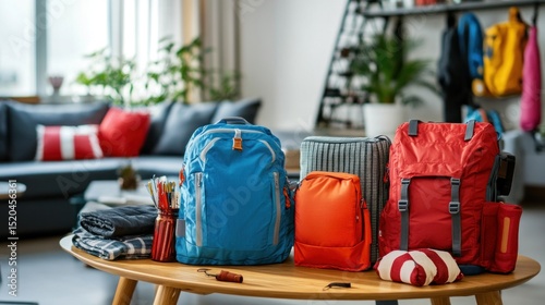 Emergency backpack equipment organized on the table in the living room