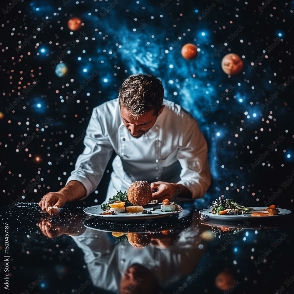 Obraz premium Culinary artistry in outer space chef creating stunning dishes cosmic kitchen food photography galactic environment unique perspective