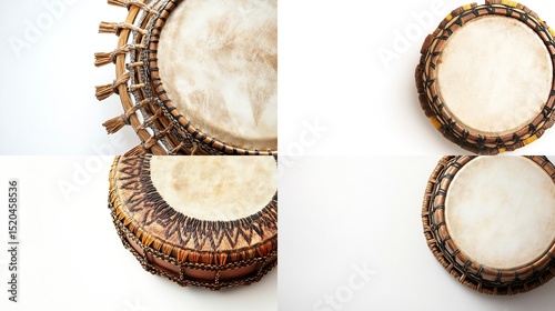 Four close-up views of traditional drums, showcasing intricate hand-woven rims and weathered drumheads