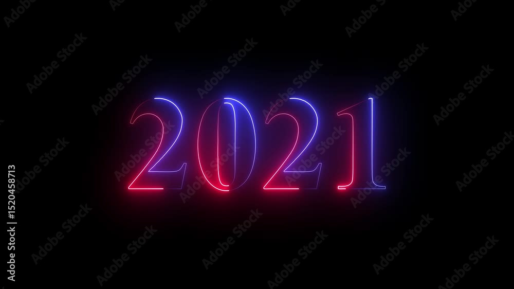 Abstract Glowing neon number 2021. Educational mathematics 2021 animation on black background. 4k motion graphics animation.