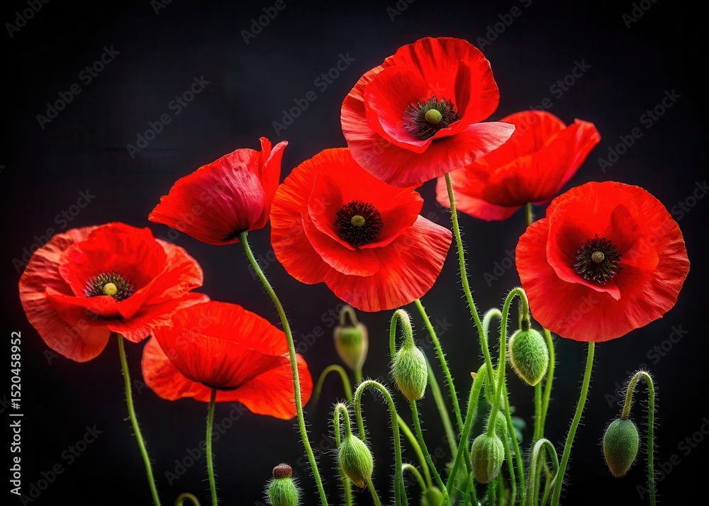 Obraz premium A cluster of bright red poppies against a stark black background with delicate petals and green stems