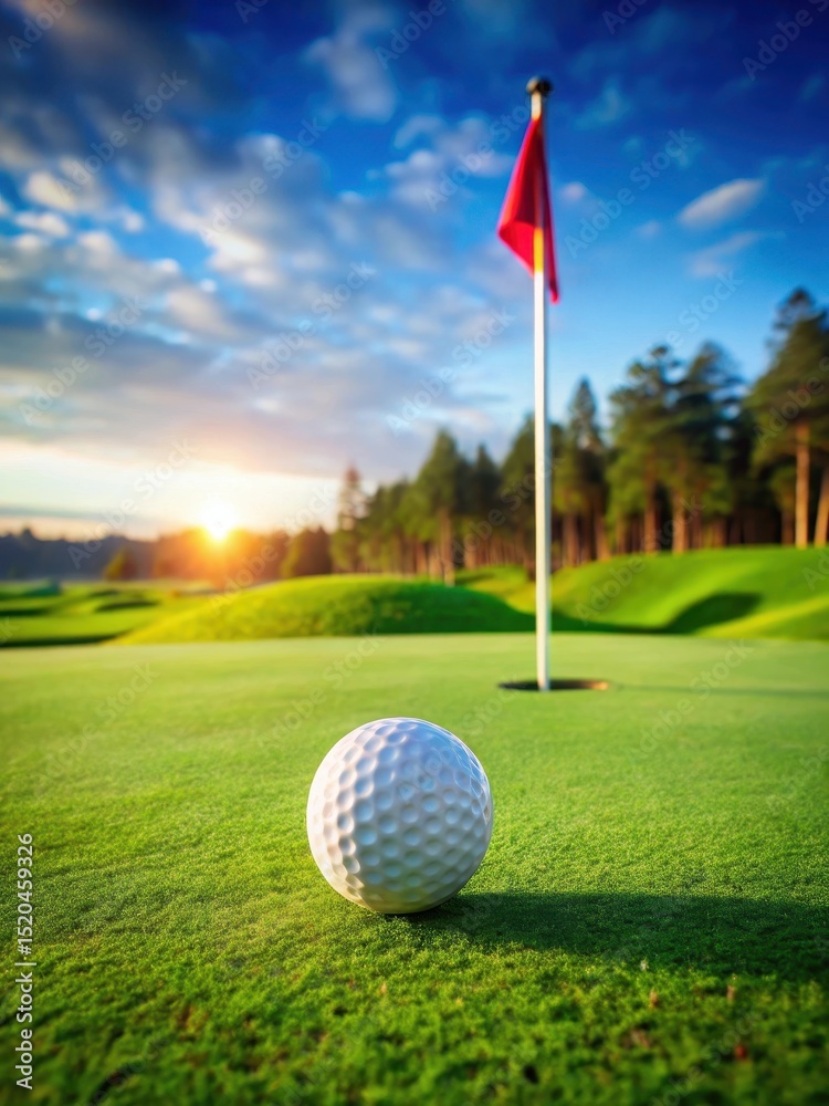 Obraz premium Close-Up of a Golf Ball on Lush Green Grass with a Flag in the Background on Golf Course