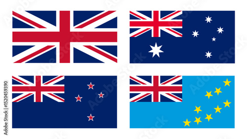 Union Jack Flag, UK Flag, Australian Flag, New Zealand Flag, Tuvalu Flag. Commonwealth countries have Union Jack Flag, Isolated on white background