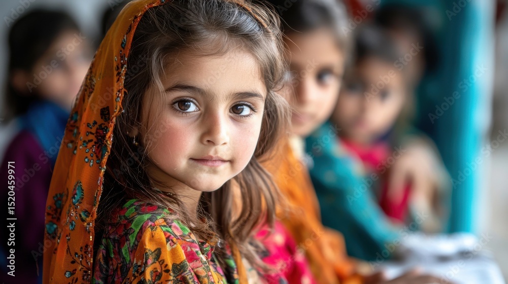 Fototapeta premium A group of young children dressed in vibrant patterned traditional clothing sitting together and smiling at the in a setting