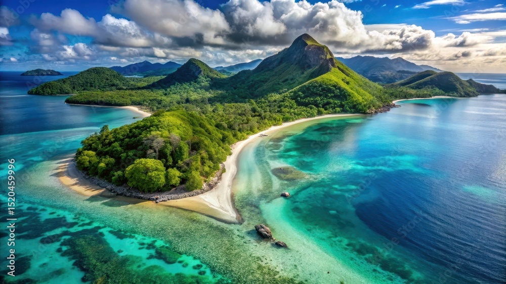 Fototapeta premium Island of Mokolii aerial view with crystal clear waters and white sandy beach surrounded by lush green mountains