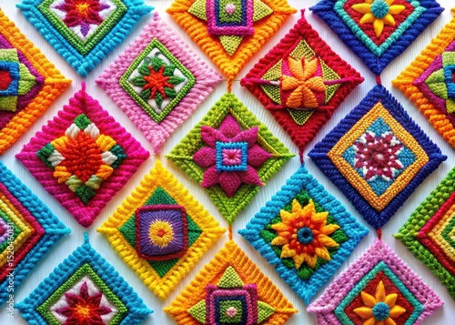 Colorful geometric patterns made of bright yarn and thread on a white background