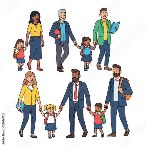 Parents Taking Kids to School in the Morning