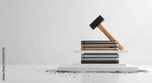 A wooden-handled sledgehammer hovers above a stack of smartphones on a minimalist white platform, with debris scattered below, suggesting imminent destruction or obsolescence