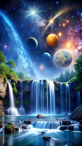 Water crashing into space horizon with stars around futuristic natural concept perfect for creative phone screens and branding content laralara for creating ads news