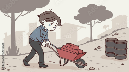 Cartoon Character Pushing Wheelbarrow with Bricks in Village Scene Illustration