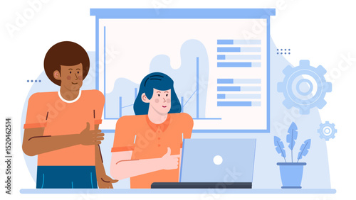 Two people collaborating over a laptop, discussing a chart. Suitable for business presentations, teamwork concepts, financial discussions, and analytics.