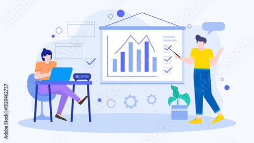 Business meeting illustration with graph and checklist perfect for presentations, reports, infographics, websites, and business-related marketing materials.