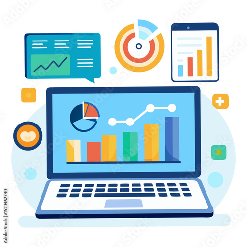 A flat illustration shows a laptop displaying various charts and graphs, surrounded by additional data visualization elements and a tablet, signifying comprehensive website analysis and digital market