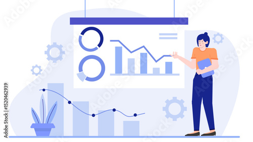 Woman showing declining business chart. Suitable for presentations, infographics, articles on economic trends, business analytics reports, and financial websites.